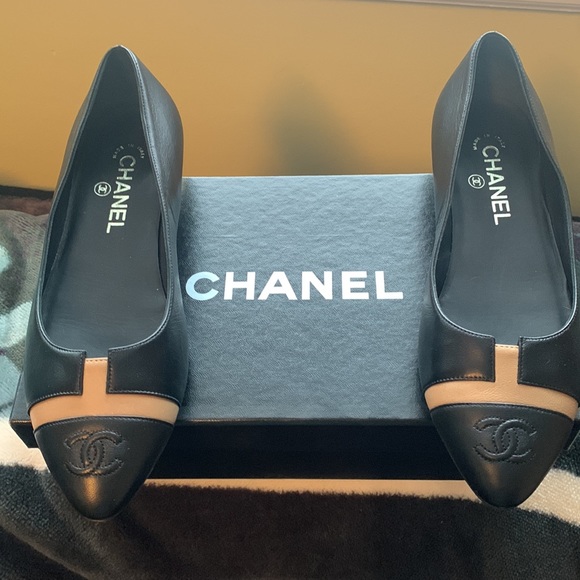 CHANEL Shoes - Size 38 Chanel Black and Tan with gold heel flats with box